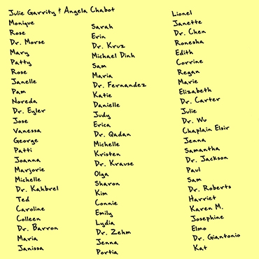 Illustration of a yellow piece or paper with 86 names written on it, representing the 86 people who took care of the writer's parents at Mass General
