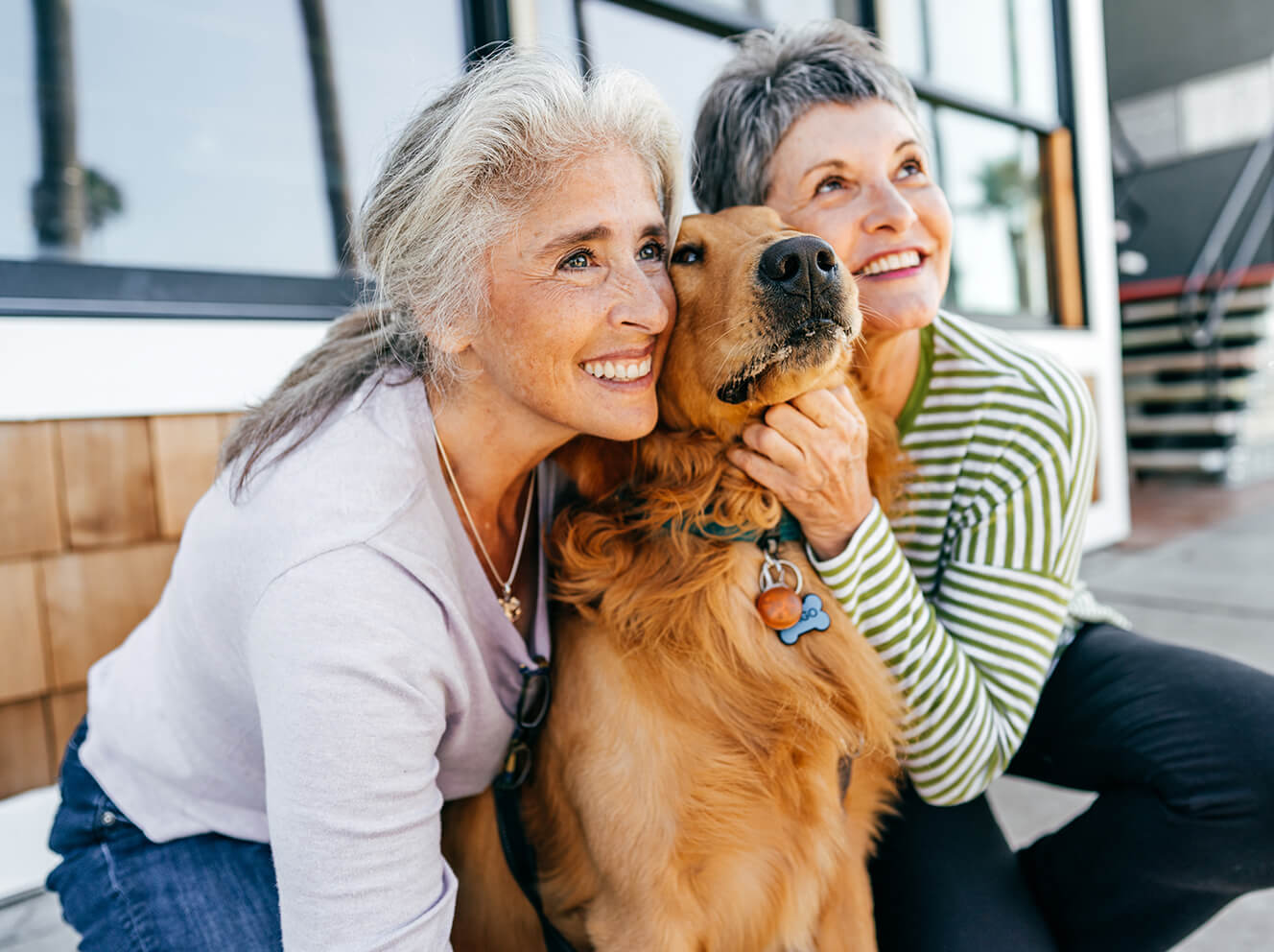 Two women looking towards the sky with a golden retriever sitting between them.