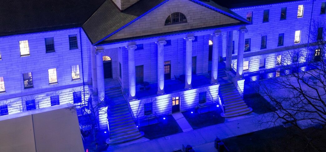 MGH from above lit in blue