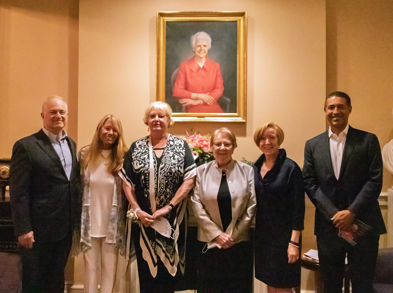 Pictured with the Ruth Sleeper portrait in the newly renamed suite are, left to right, David F. M. Brown, MD, Leslie and Linda Siegel, Roberta Nemeskal, RN, Debbie Burke, RN, DNP, MBA, NEA-BC, and William Curry, MD.
